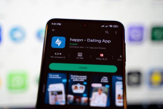 Happn - Dating App mobile application on Google Play Store. Ankara, Turkey - April 28, 2023.