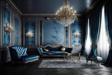 cozy living room with blue walls and elegant chandelier. Generative AI