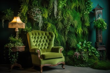 Obraz premium green chair against a green wall. Generative AI