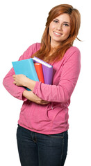 Redheaded woman carrying textbooks