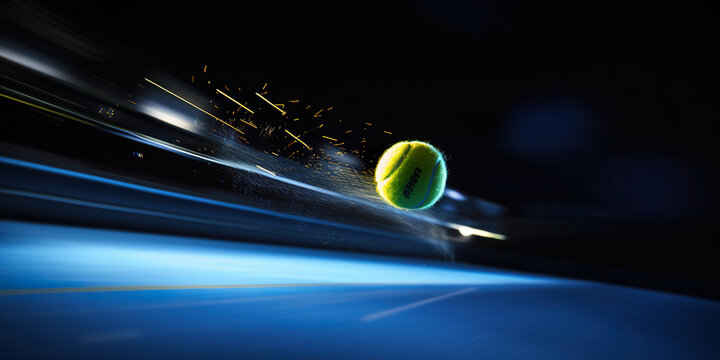 A tennis ball hitting a tennis racket on a court. AI generative image