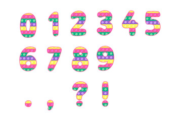 Pop it fidget toy style numbers and symbolst. Neon pink, yellow, violet, green colors. Vector clipart.