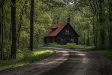 Fototapeta premium cozy cottage nestled in the heart of a dense forest. Generative AI
