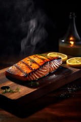 Salmon Grilled Steak on wooden board