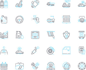 Fototapeta premium Sedan linear icons set. Classy, Stylish, Elegant, Sophisticated, Comfortable, Spacious, Sleek line vector and concept signs. Luxurious,Efficient,Reliable outline illustrations Generative AI