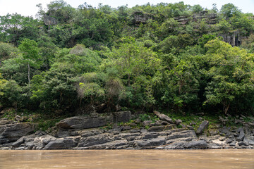 Fototapeta na wymiar Rocks, amazonian river, boats and jungle in the area of colombian amazon