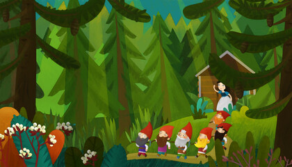 cartoon young princess and dwarfs in forest illustration