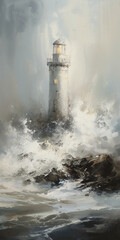Fototapeta na wymiar Massive Whitewater Smashes Into A White Lighthouse On A Foggy Day. AI generative