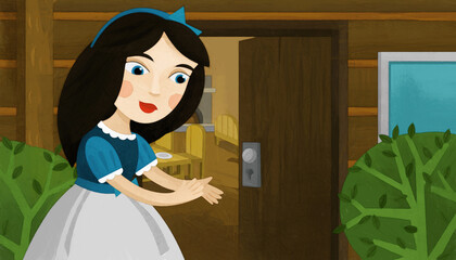 cartoon princess near the wooden house illustration