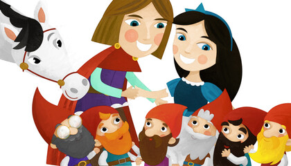 cartoon scene with prince and princess and dwarfs illustration artistic painting style