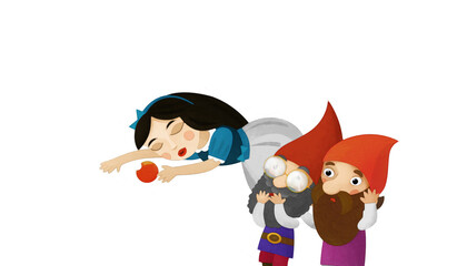 cartoon scene with sleeping princess and dwarfs on white background illustration artistic painting style