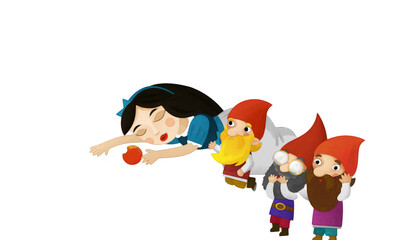 cartoon scene with sleeping princess and dwarfs on white background illustration artistic painting scene