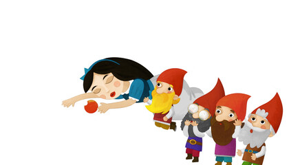 cartoon scene with sleeping princess and dwarfs on white background illustration artistic painting scene