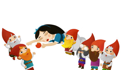 cartoon scene with sleeping princess and dwarfs on white background illustration artistic painting style