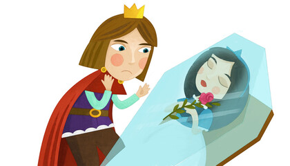 cartoon scene with prince and princess magical sleeping and dwarfs illustration artistic painting scene