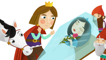 Obraz na płótnie Canvas cartoon scene with prince and princess magical sleeping and dwarfs illustration artistic painting style