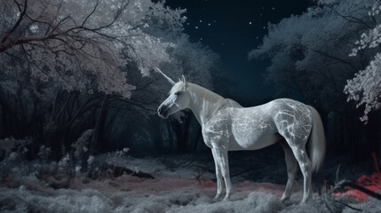 Obraz na płótnie Canvas Mythical white Unicorn. White Unicorn in the magical forest dark night with glitter. generative ai