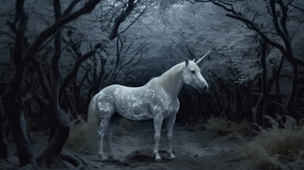 Mythical white Unicorn. White Unicorn in the magical forest dark night with glitter. generative ai