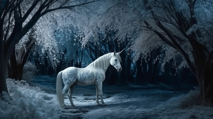 Mythical white Unicorn. White Unicorn in the magical forest dark night with glitter. generative ai