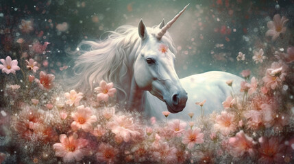 Mythical white Unicorn. White Unicorn in dreams flowers. generative ai