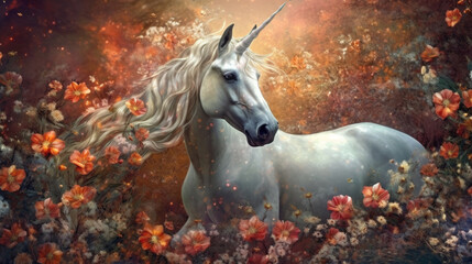 Obraz na płótnie Canvas Mythical white Unicorn. White Unicorn in dreams flowers. generative ai