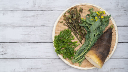 日本の春の山菜イメージ　たけのこ・ワラビ・菜の花など