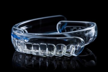 Transparent plastic dental aligner, on a black background. Ai generated.