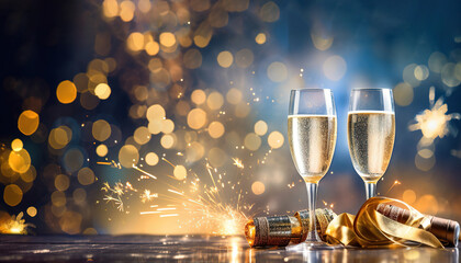 An elegant and celebratory scene, with crystal champagne flutes filled to the brim with golden bubbles, set against a sparkling background . Ai generated.