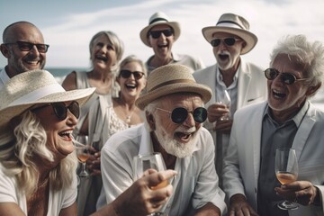 Group of retirees having a good time and having a casual party on the beach. Ai generated.