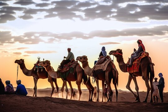 group of adventurous travelers embark on a journey atop their majestic camel companions, trekking across the vast and sweeping desert landscape. Ai generated.