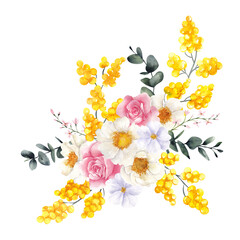 Watercolor illustration with spring floral bouquet, delicate flowers, green leaves, isolated on white background