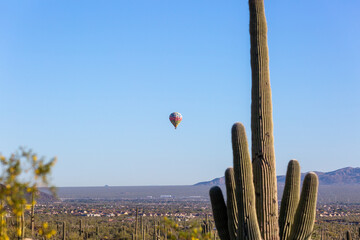 A colorful Hot Air Balloon floating over the Sonoran Desert near dawn in the early morning sky. Beautiful Southwestern landscape, saguaro cactus and mountains in Pima County, Tucson, Arizona, USA.