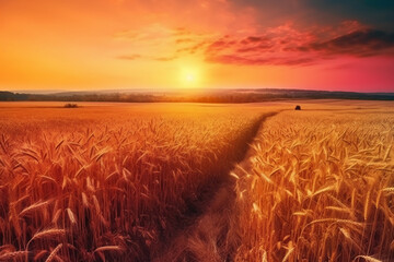 Obraz premium Beautiful colorful natural panoramic landscape with a field of ripe wheat in the rays of setting sun. Natural sunset in golden and pink colors. AI generative
