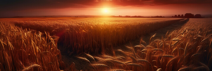 Beautiful colorful natural panoramic landscape with a field of ripe wheat in the rays of setting sun. Natural sunset in golden and pink colors. AI generative