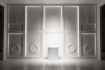 Minimalist and refined presentation background: Light panels with decorative white detailing and subtle hidden lighting, created using generative AI