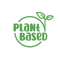 Plant based logo. Circular shape base with plant leaf. Vegan and vegetarian friendly badge.