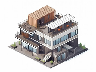 Illustration of a huge luxury house built from recycled shipping containers. Well organized to maximize space. Some of the walls have huge openings that show the house's interior.