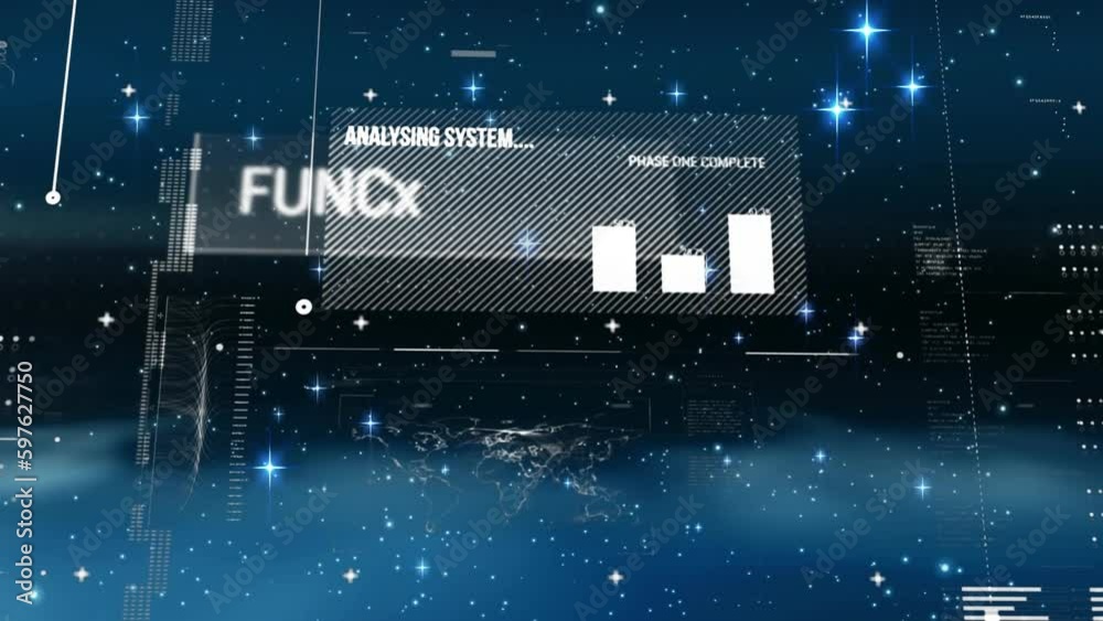 Poster animation of multiple texts, computer language, map, graph against abstract background