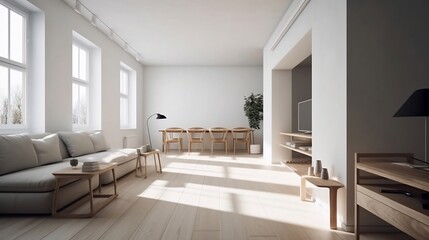 Contemporary and sleek minimalism in an open interior space: Softly lit white space with wide-angle composition and negative space emphasis, created using generative AI