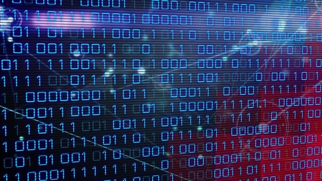 Animation of blue looping binary codes over dots connected with lines against abstract background
