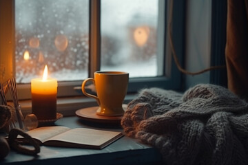 Fototapeta na wymiar Christmas background. A cup of tea, books, a candle and a knitted scarf on the window background. AI generative