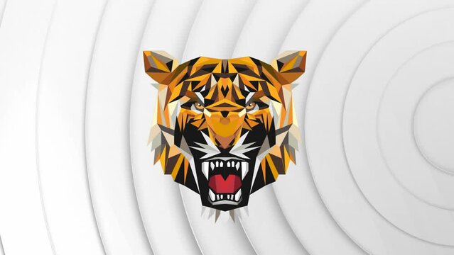 Animation of digital tiger face over circular pattern against white background