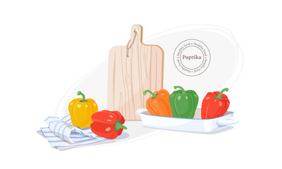 Bell peppers in red, yellow, green, orange in enamelled roasting dish. Wooden cutting board, kitchen towel. Vector illustration of kitchen utensils, paprika mix. Concepcion of healthy food, vitamins.