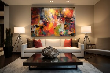 Vibrant and dynamic contemporary living space: Abstract expressionist painting with bold lighting and saturated colors, created using generative AI