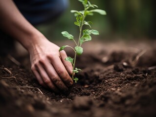 A close up shot of a person hands planting a tree. Generative AI.