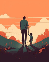 Father and Child Holding Hands as they Walk Together - Pop Art Orange Color Tone Fathers Day Vector Theme - Generative AI