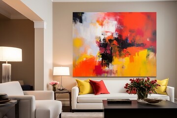 Intense and striking abstract expressionism in a contemporary living space: Vibrant colors and brushstroke texture with bold lighting, created using generative AI