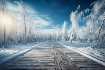 Winter Christmas scenic landscape with copy space. Wooden flooring, white trees in forest covered with snow, snowdrifts and snowfall against blue sky in sunny day on nature outdoors. AI generative