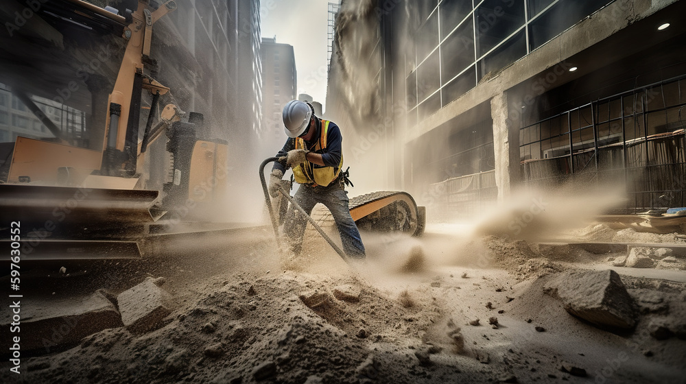 Canvas Prints A man in a yellow vest working on a construction site. AI generative image