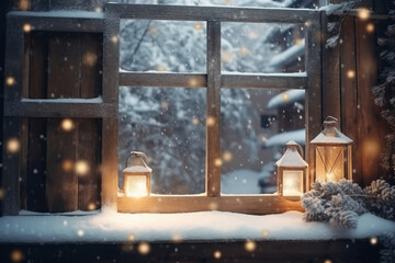 Winter Christmas snowy frame with copy space. Wooden light boards are covered with snow with clean free empty space for text. AI generative